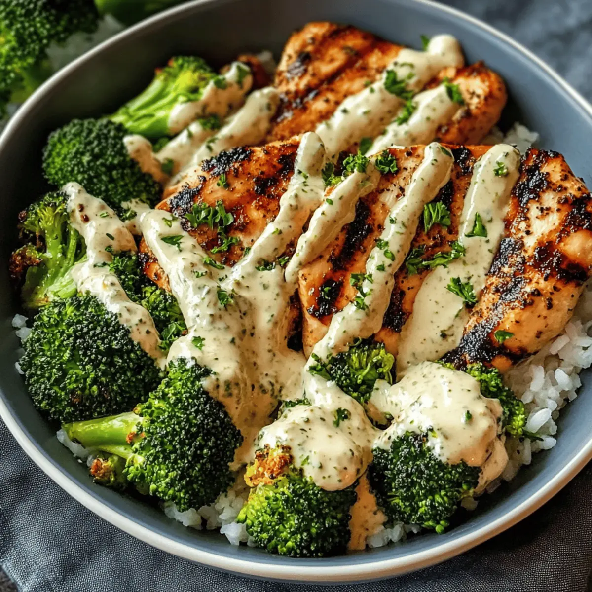 Gegrillte Hähnchen-Brokkoli-Bowls mit Knoblauchsoße
