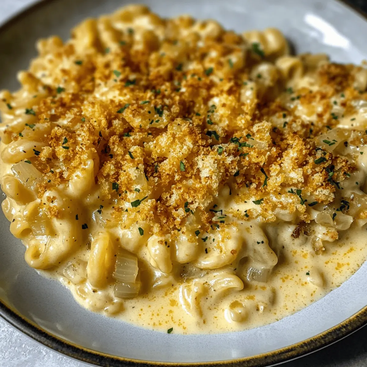 Cremige Zwiebel-Suppen-Pasta mit knusprigen Bröseln