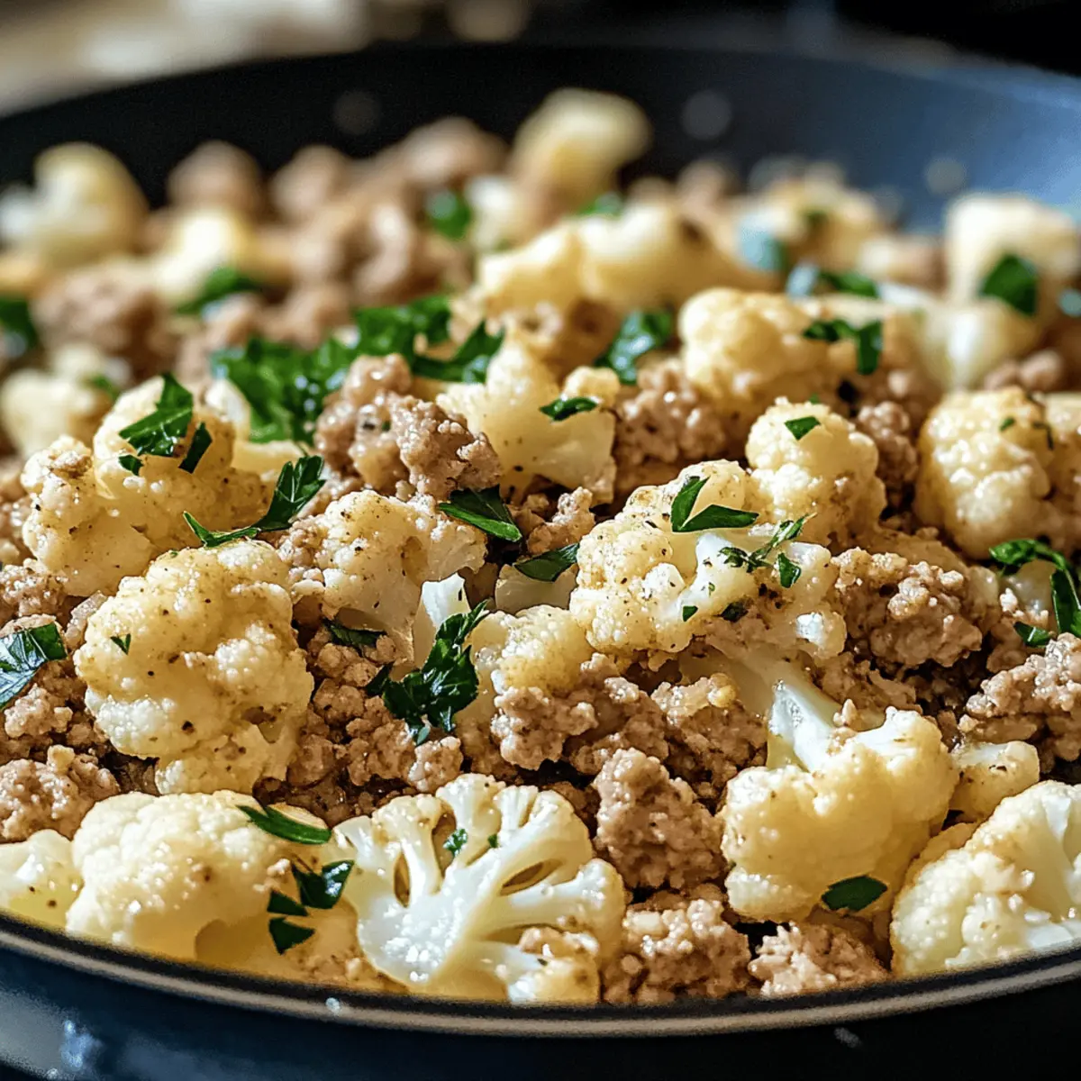 Knoblauchbutter-Mahlzeit mit Putenhack und Blumenkohl