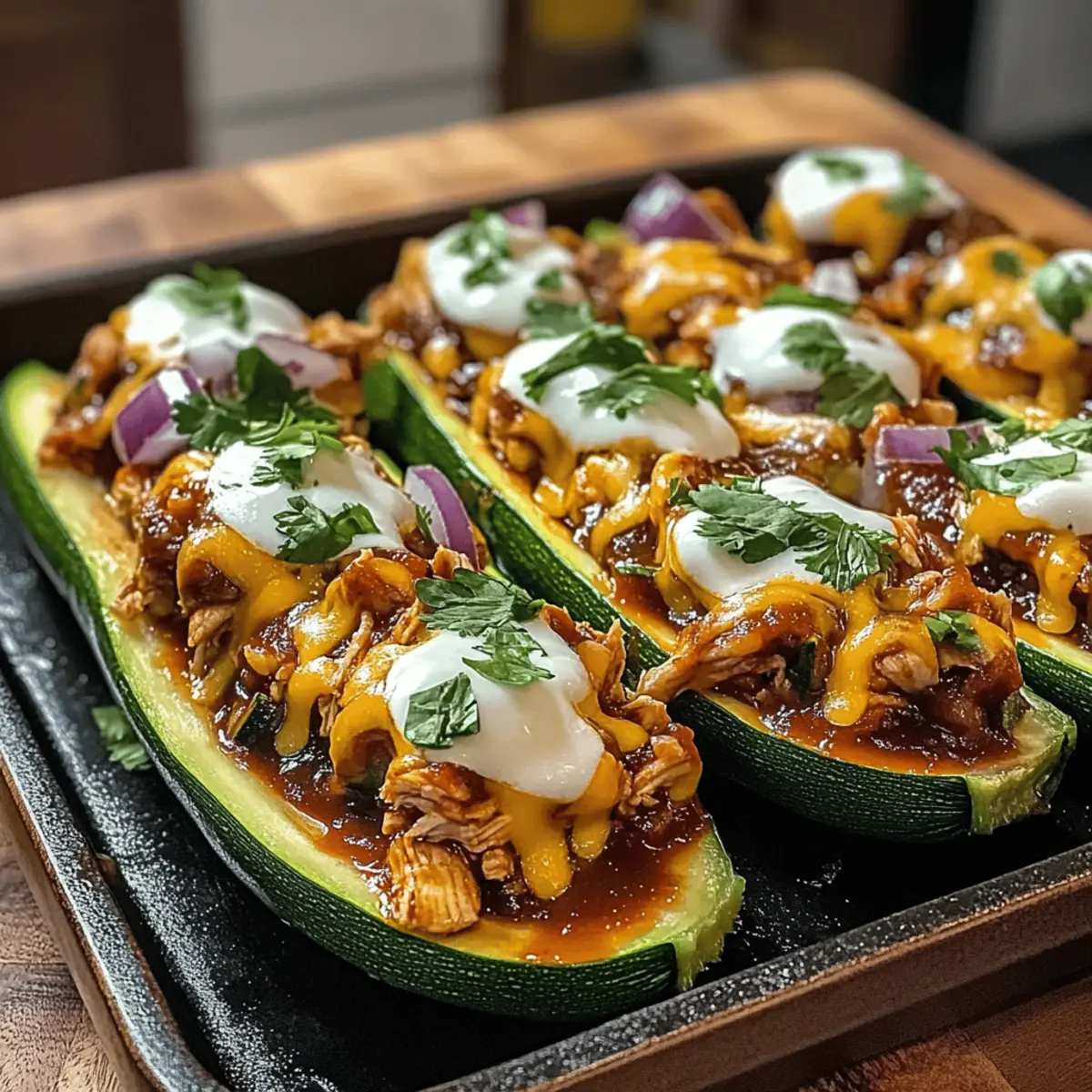 Sticky BBQ Hähnchen Zucchini Boote leicht gemacht