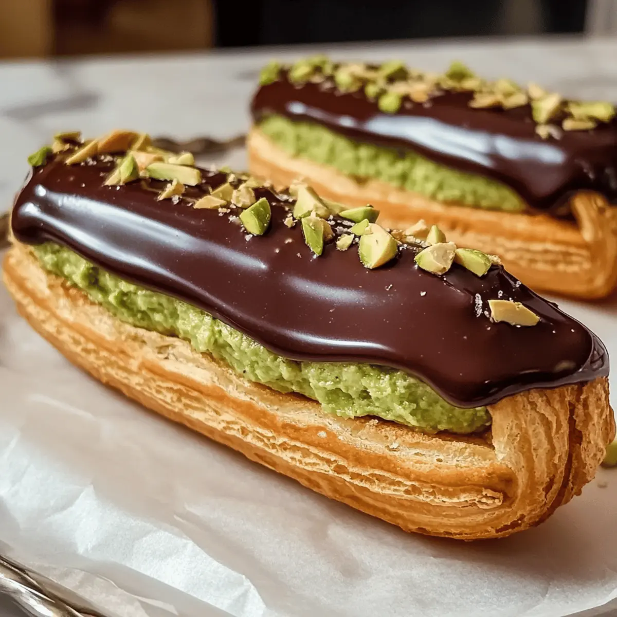 Pistazien Éclairs mit Dunkler Schokolade