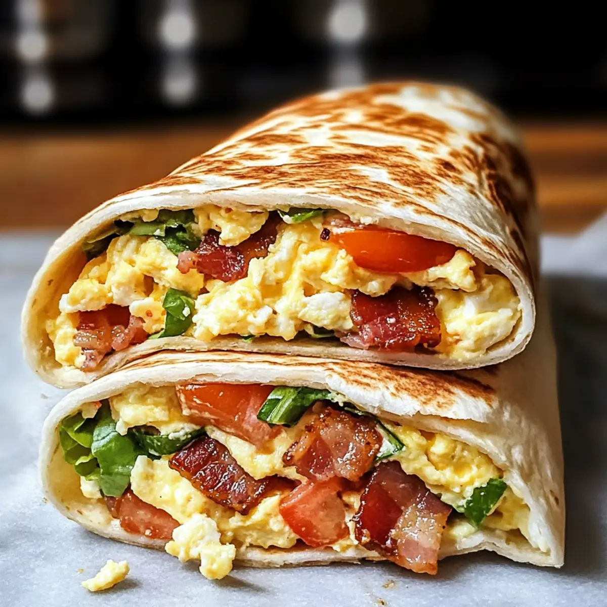 Bacon-Tomaten-Crunch-Wrap mit Frühlingszwiebel-Rührei und Crème Fraîche