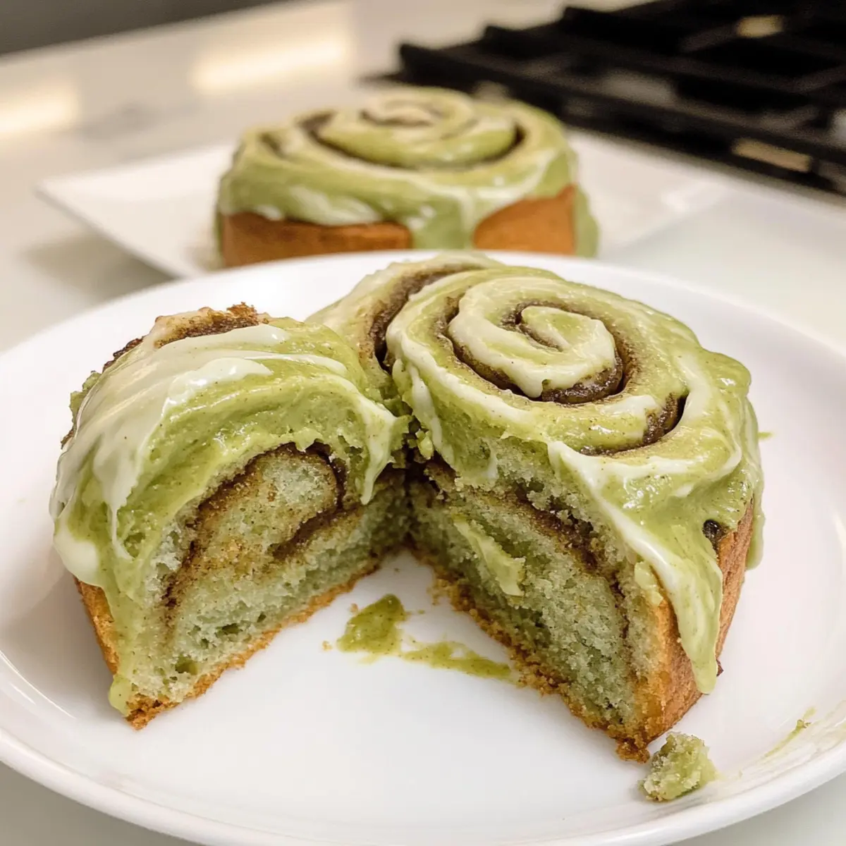 Fluffige Matcha Zimtschnecken mit Frischkäsefrosting