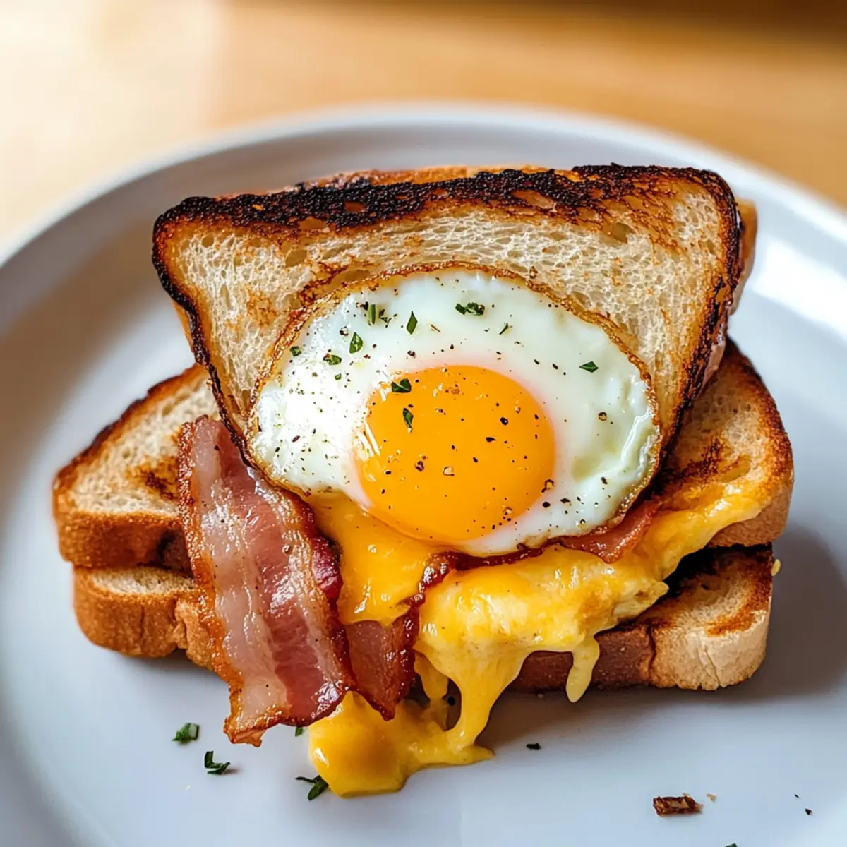 Eier in der Senke mit Bacon und Käse Sandwich
