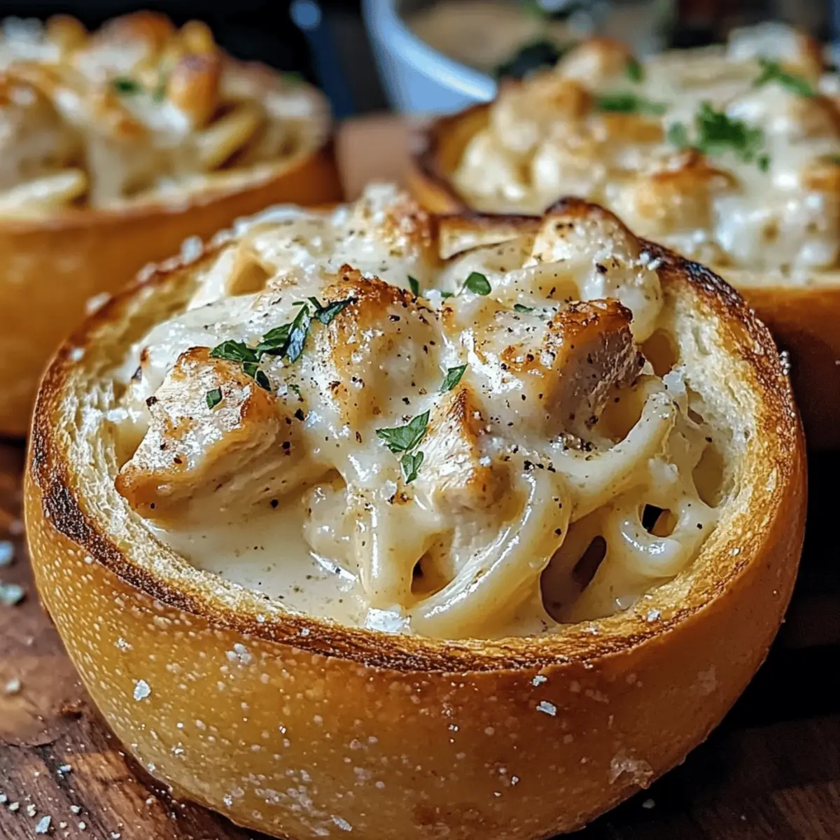 Cremige Chicken Alfredo in knusprigen Brot-Schalen