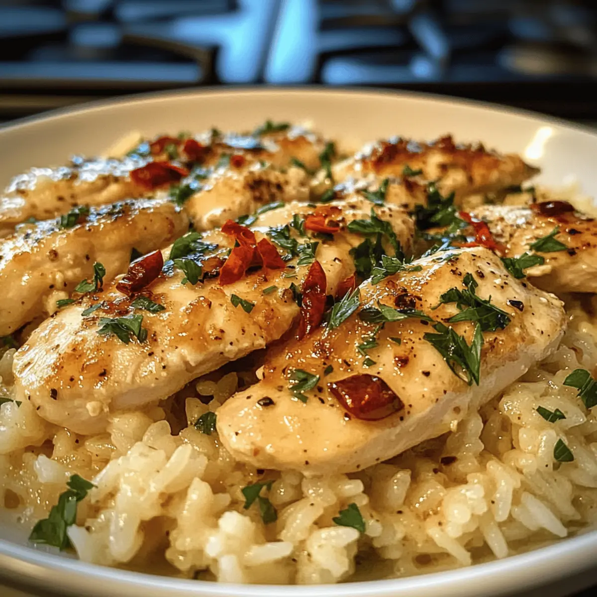 Der Ausgang: Chicken Scampi mit Parmesanreis