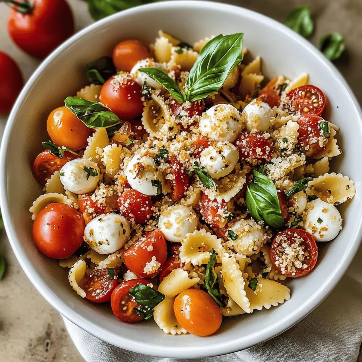 Bruschetta Pasta Salat mit Mozzarella-Bällchen