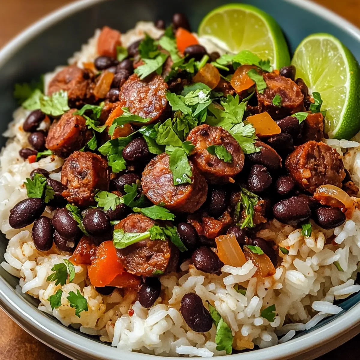 Schwarze Bohnen und Reis mit Rindfleischwurst Genuss