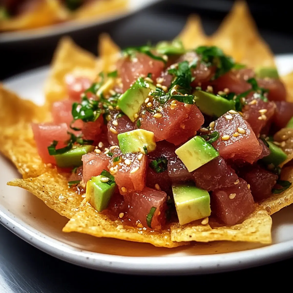 Scharfer Thunfisch-Tatar auf knusprigen Wonton-Chips