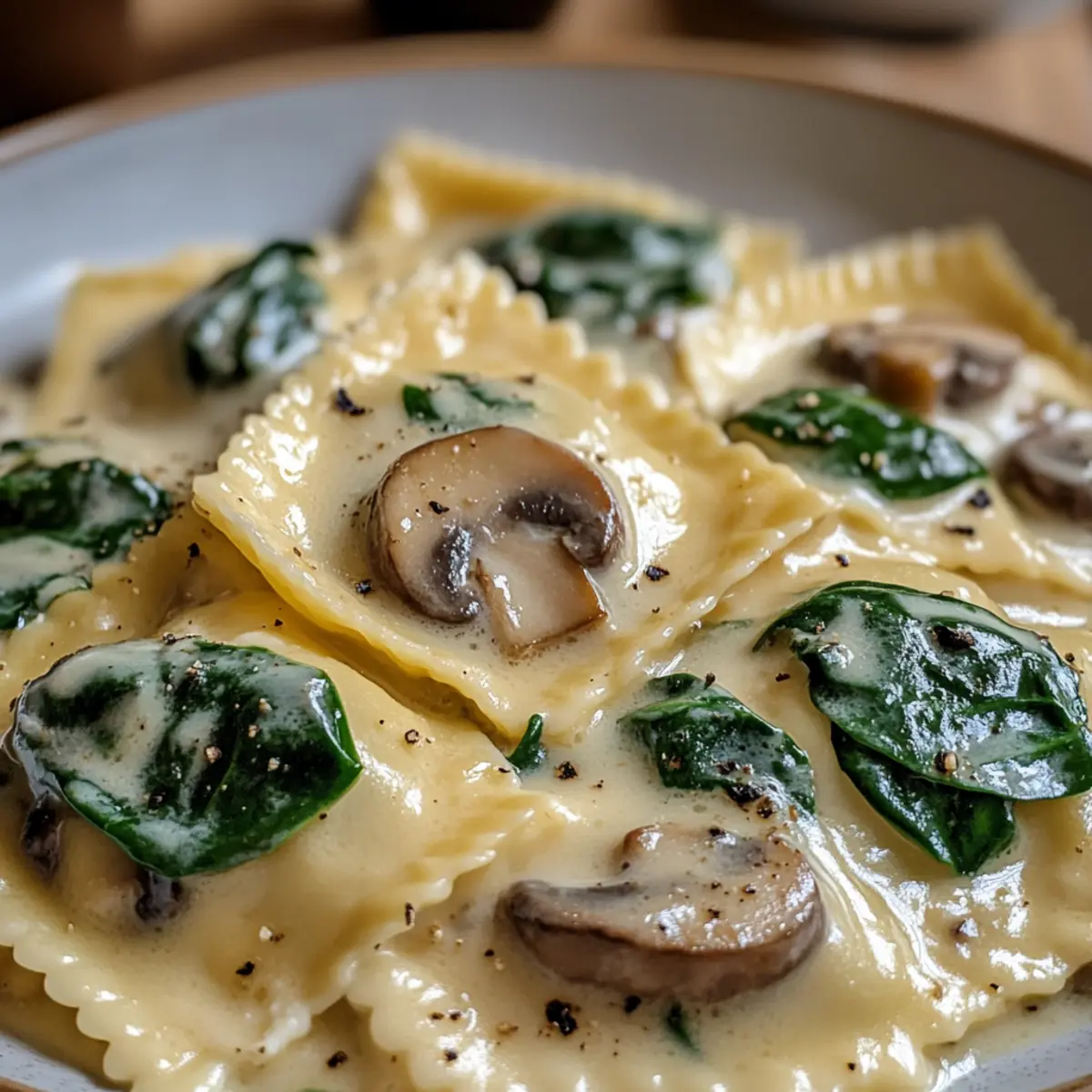 Spinat und Pilz Alfredo Ravioli Genuss pur