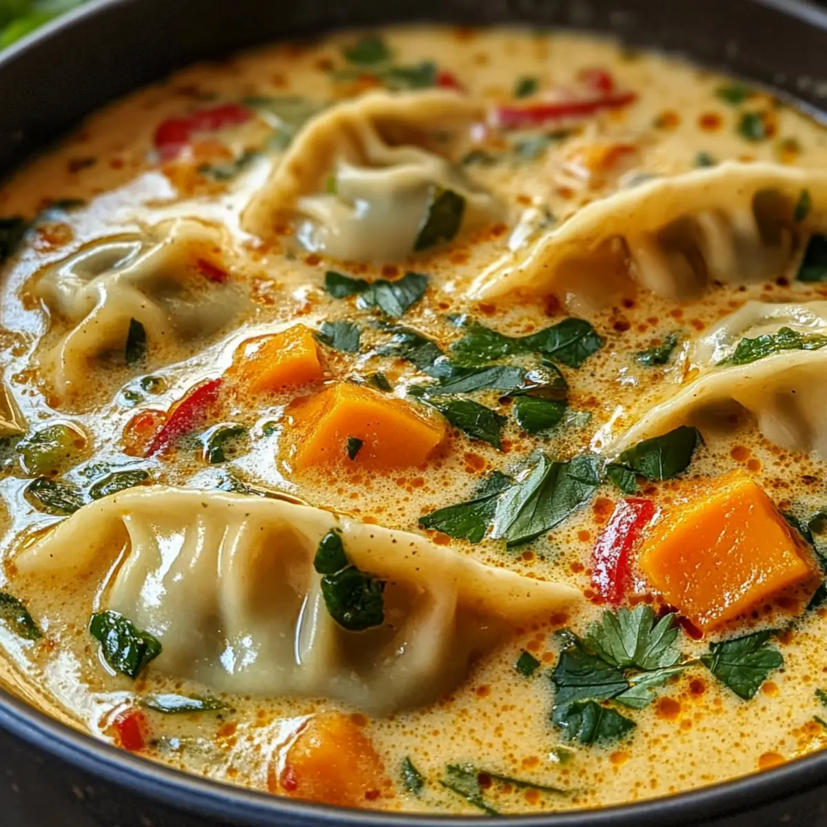 Thailändische Teigtaschen-Kokosnuss-Suppe genießen