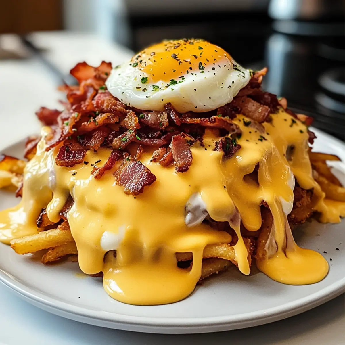 Frühstücks-Poutine mit cremiger Hollandaise-Sauce