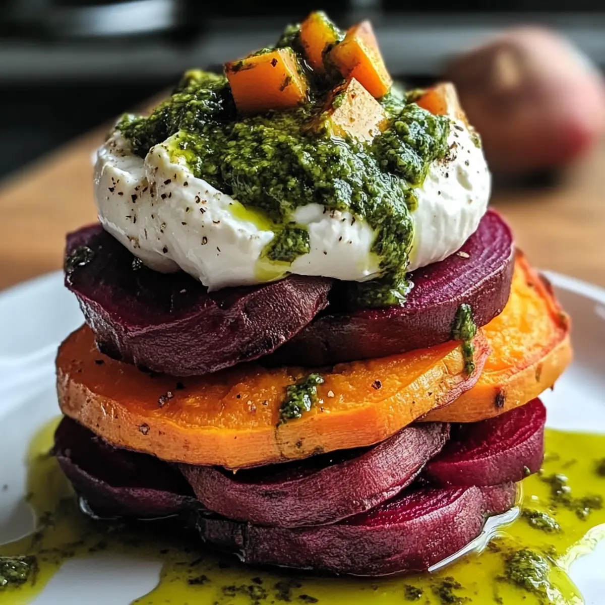 Süßkartoffel- und Rübenstapel mit Pesto und Burrata