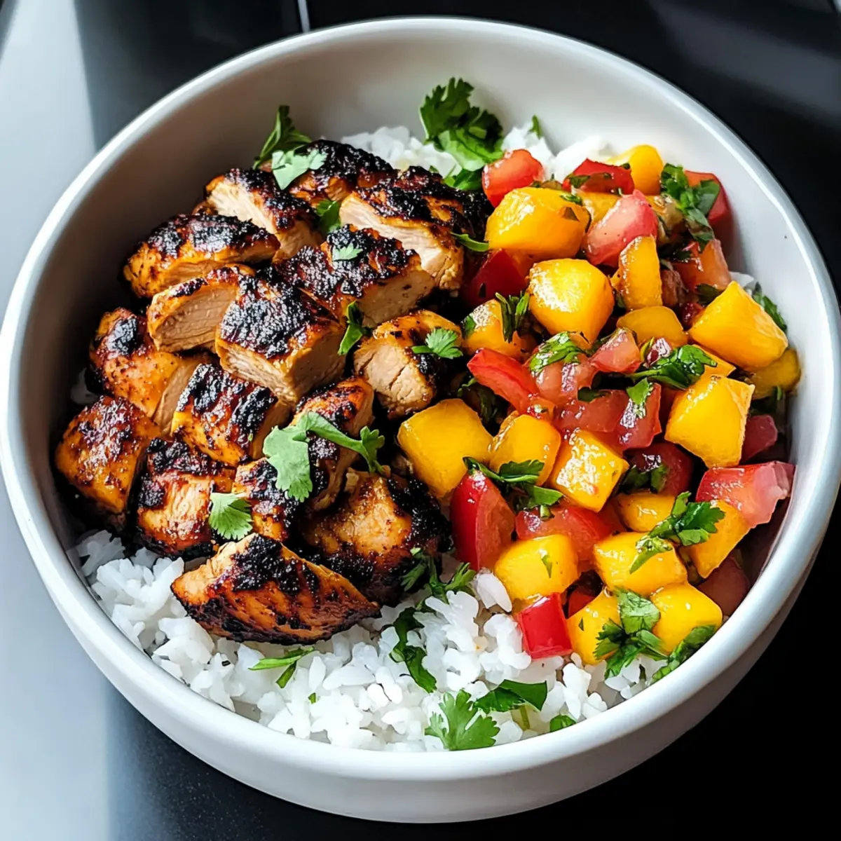 Jerk-Hühnchen-Schalen mit Mango-Salsa und Kokosreis