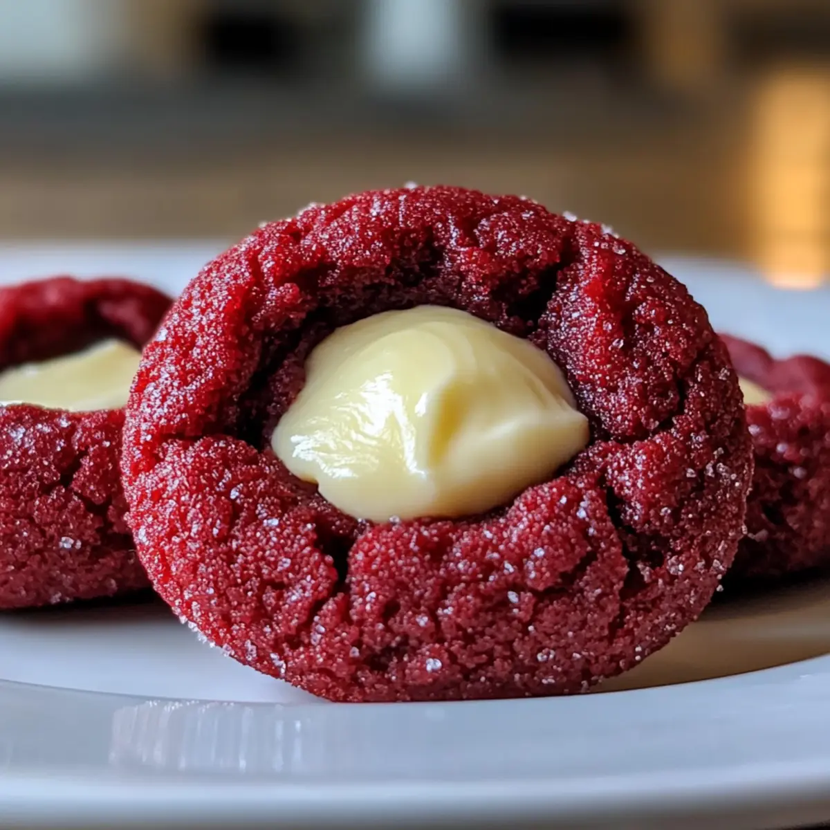 Rote Samt Daumenabdruckkekse mit Frischkäsefüllung