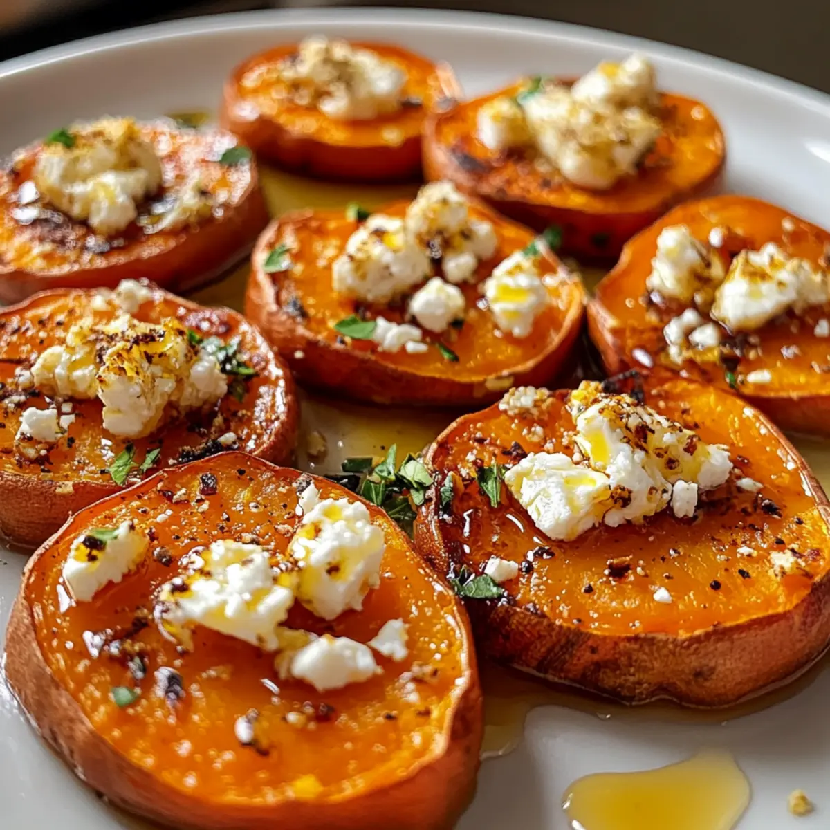 Geröstete Süßkartoffelrunden mit Feta und Honig