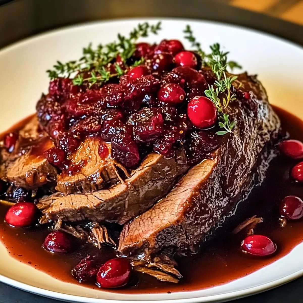 Langsam geschmorter Rinderbraten mit Cranberry-Balsamico-Glasur für festliche Abende