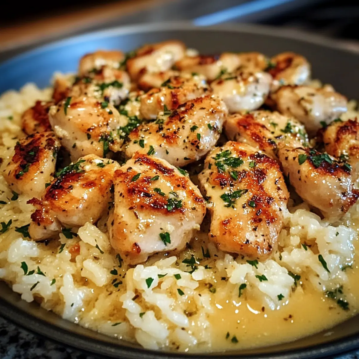 Hühnchen Scampi mit cremigem Knoblauch-Parmesan-Reis