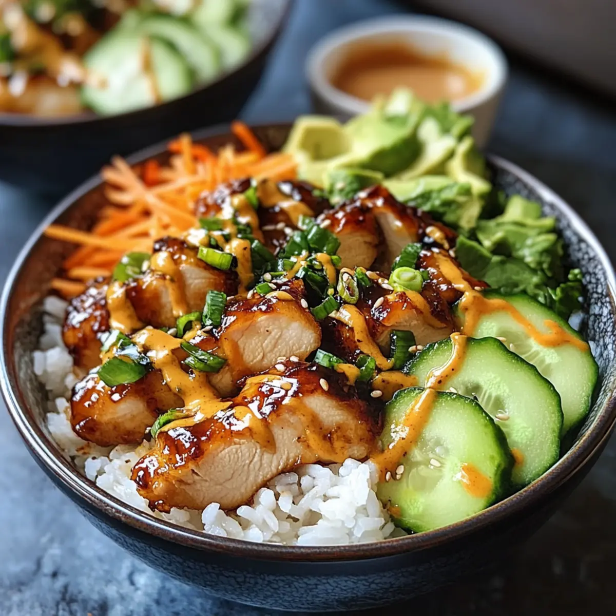 Klebrige Hähnchen-Reisschalen mit scharfer Mayo