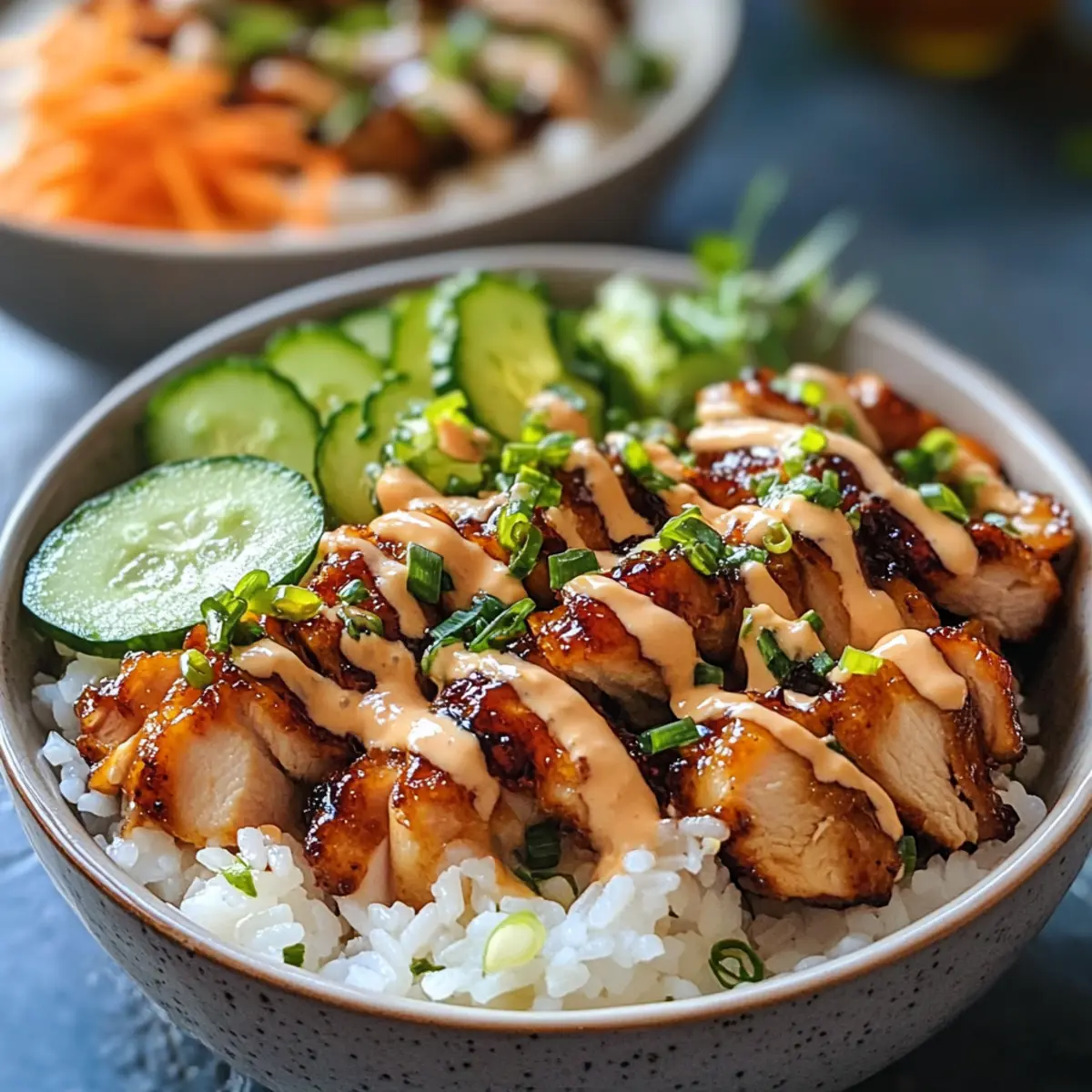 Klebrige Hähnchen-Reisbowl mit scharfer Mayonnaise