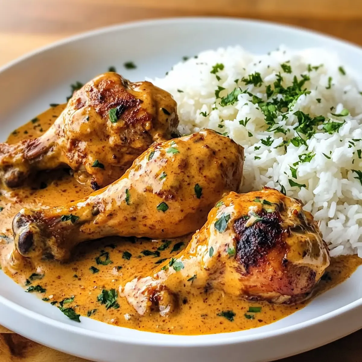 Cremige Paprika-Hühnchenschenkel mit Reis perfektioniert