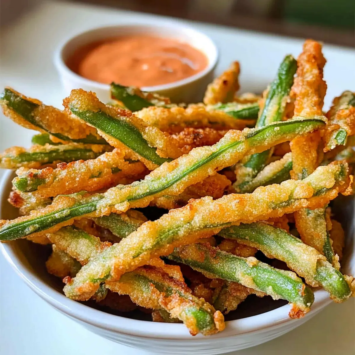 Frittierte grüne Bohnen mit Sriracha Mayo genießen