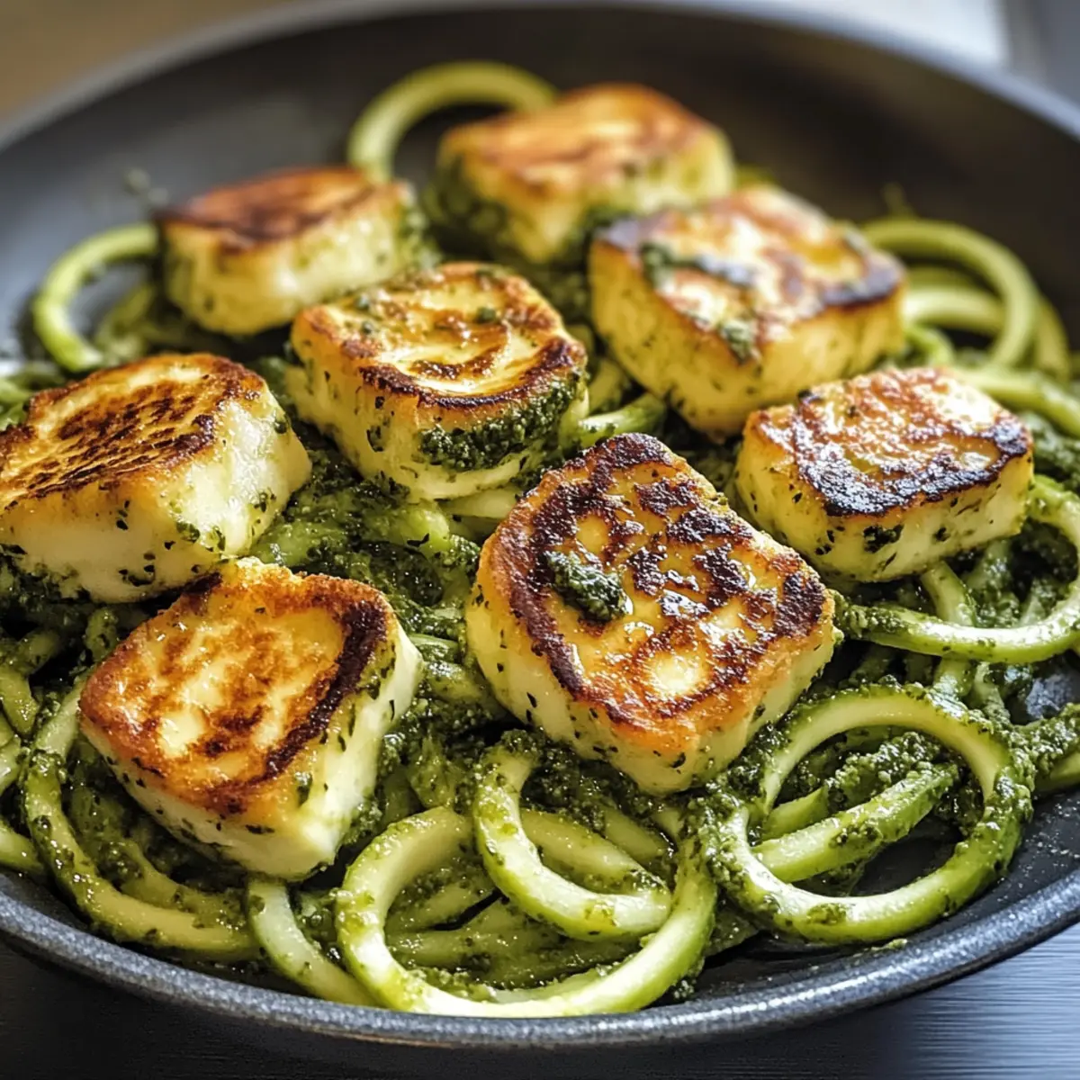 Halloumi mit Zucchini-Pesto-Nudeln schnell und gesund