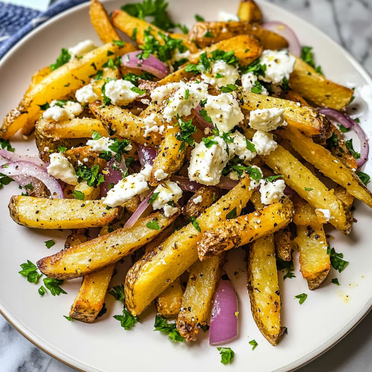Hausgemachte griechische Pommes mit Feta und Kräutern