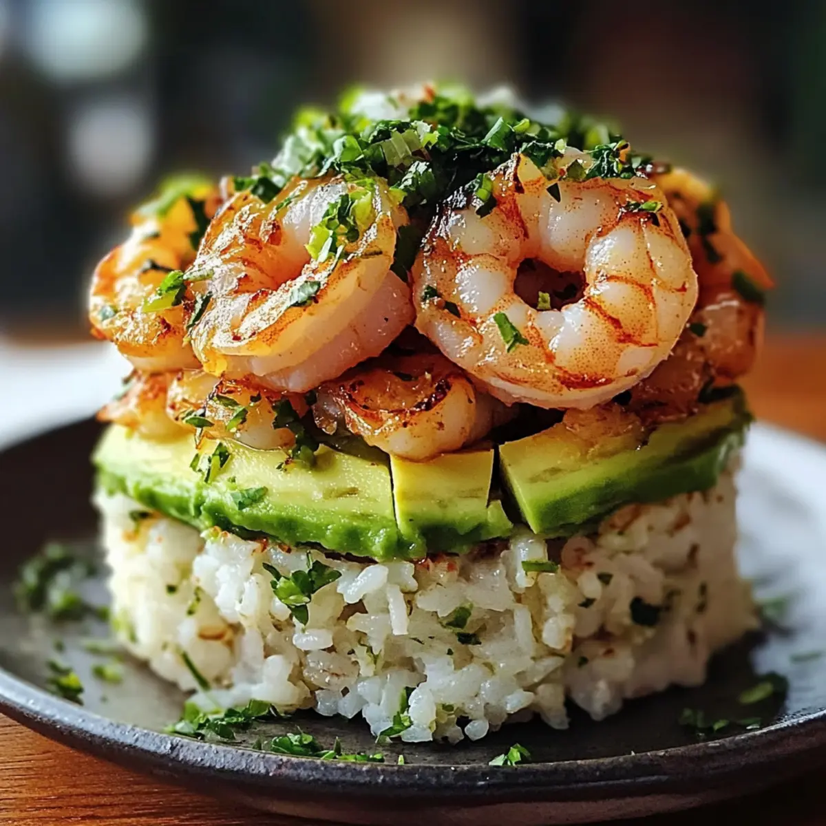 Honig-Limetten-Garnelen & Avocado-Reis-Stapel genießen