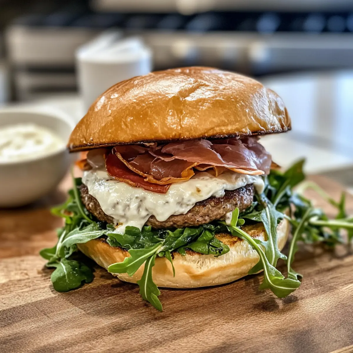 Italienischer Burger mit knusprigem Prosciutto genießen
