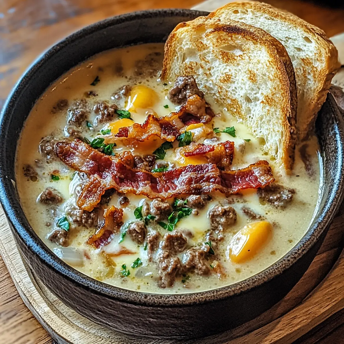 One-Pot Philly Cheesesteak Suppe mit Speck und Toast
