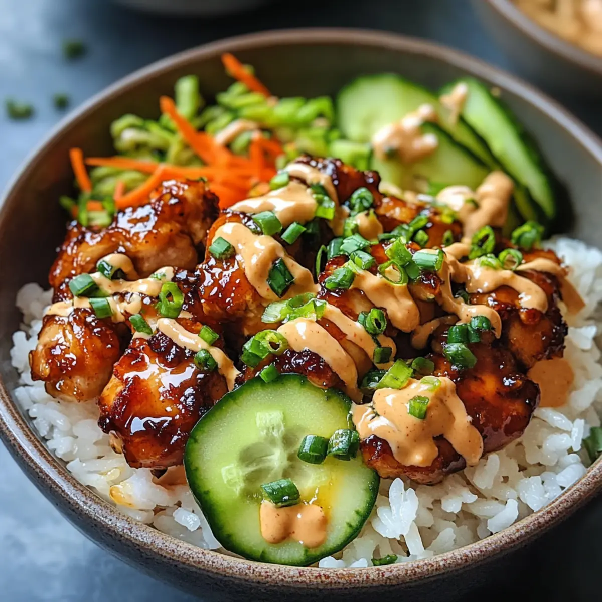Klebrige Hähnchenreis-Schalen mit scharfer Mayo