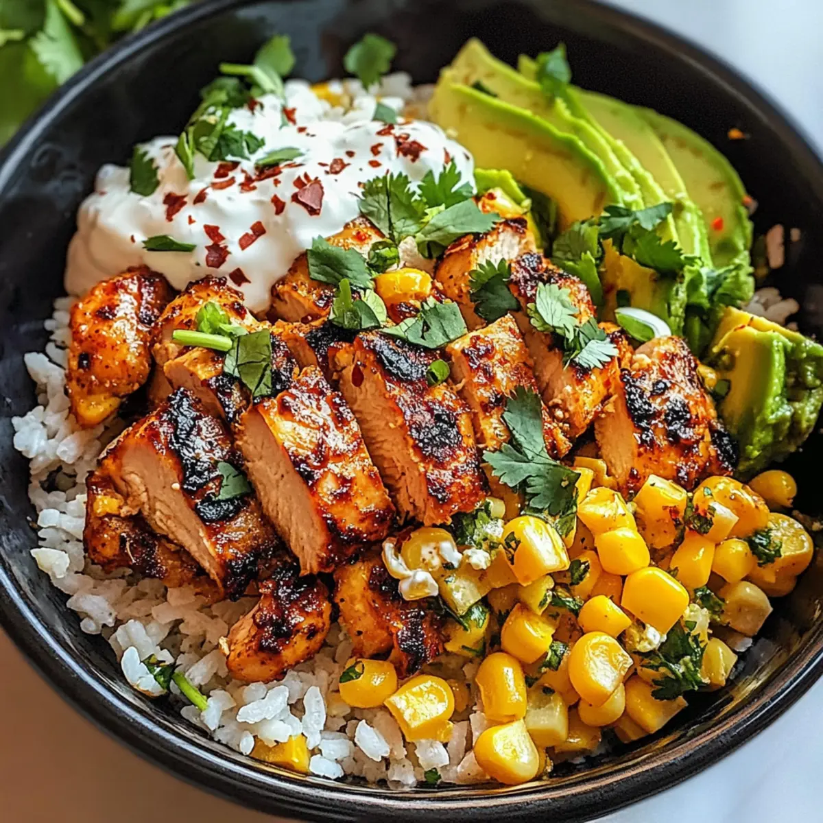 Straßenmais-Hühnchen-Reis-Schüssel für Foodies