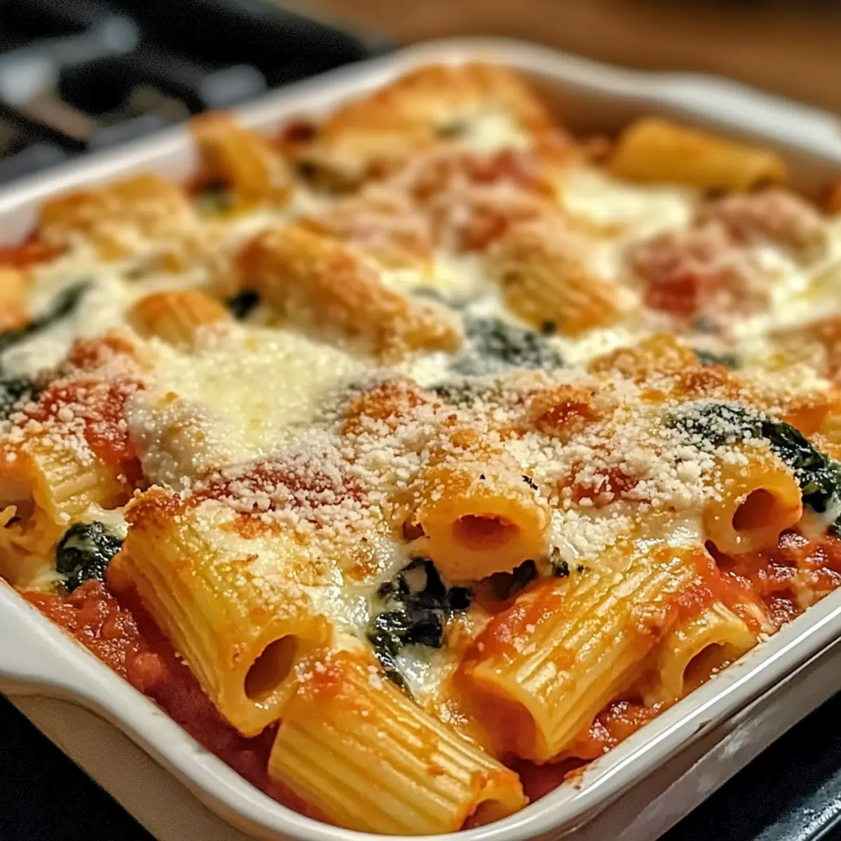 Überbackene Rigatoni mit Spinat und Ricotta liebevoll genießen