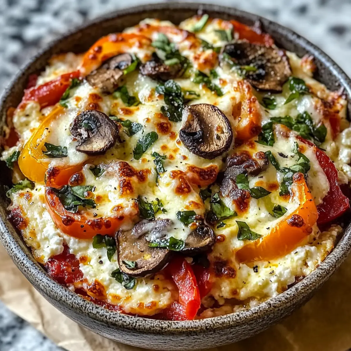 Hüttenkäse-Pizza-Schüssel für schnelles Kochen