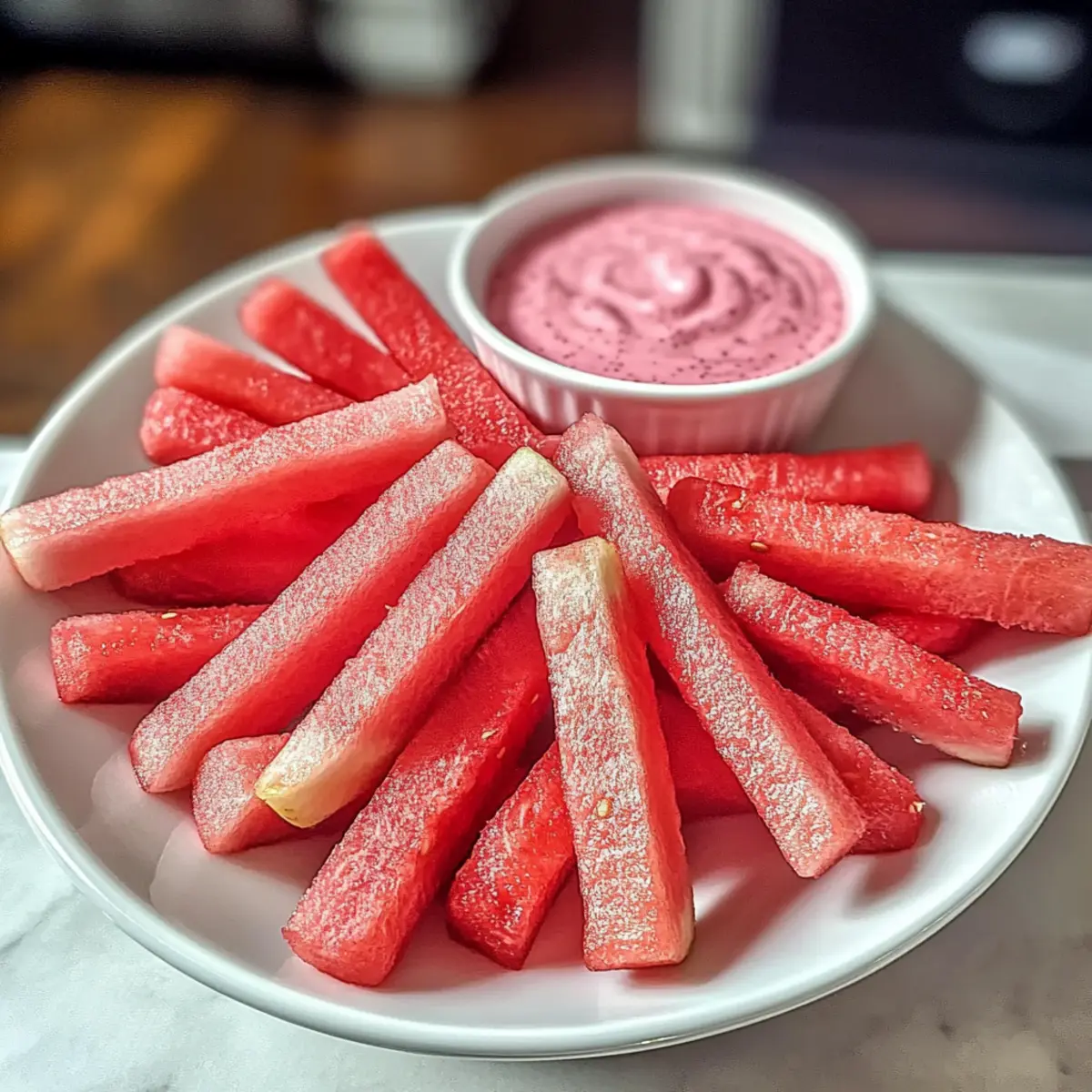 Gesunde Wassermelonen-Pommes mit Beeren-Dip