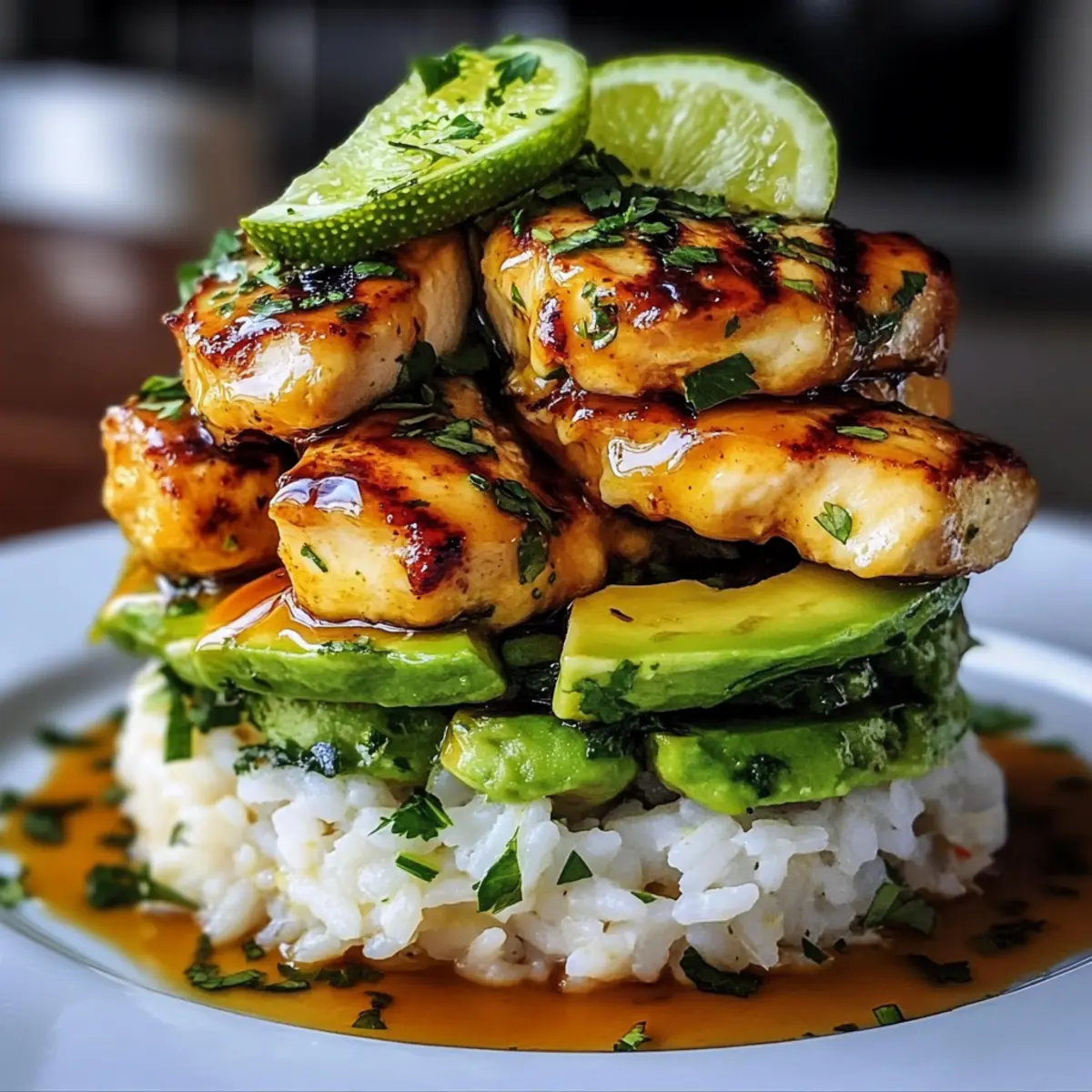 Honig-Limetten-Hähnchen und Avocado-Reis-Stapel leicht gemacht