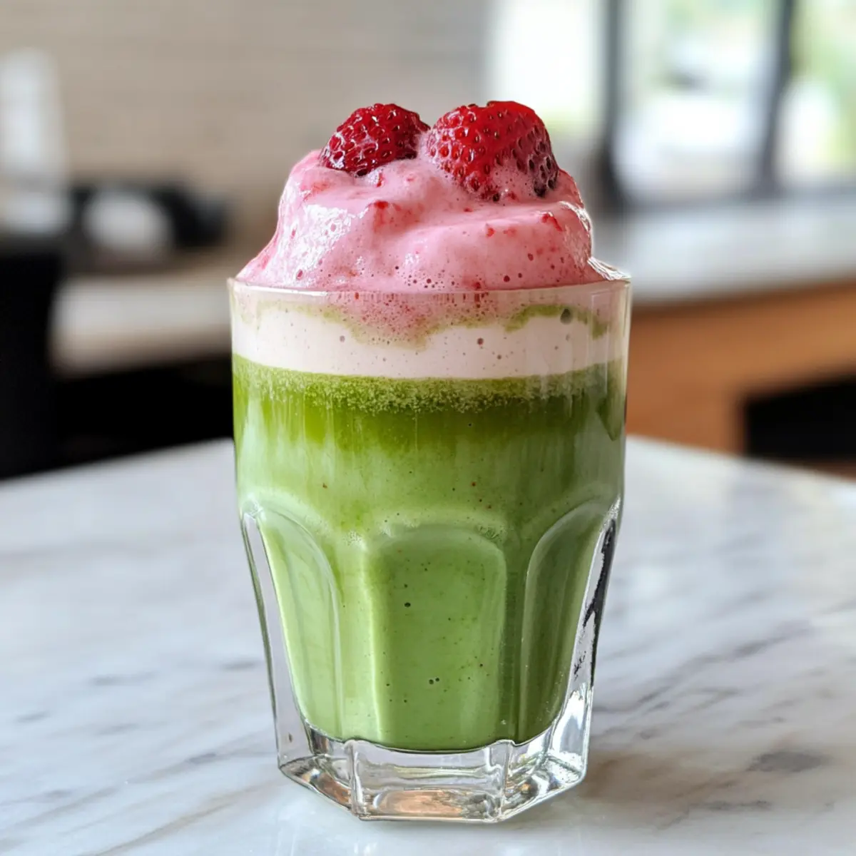 Eis Matcha Latte mit Erdbeer-Kalte-Schaum herstellen