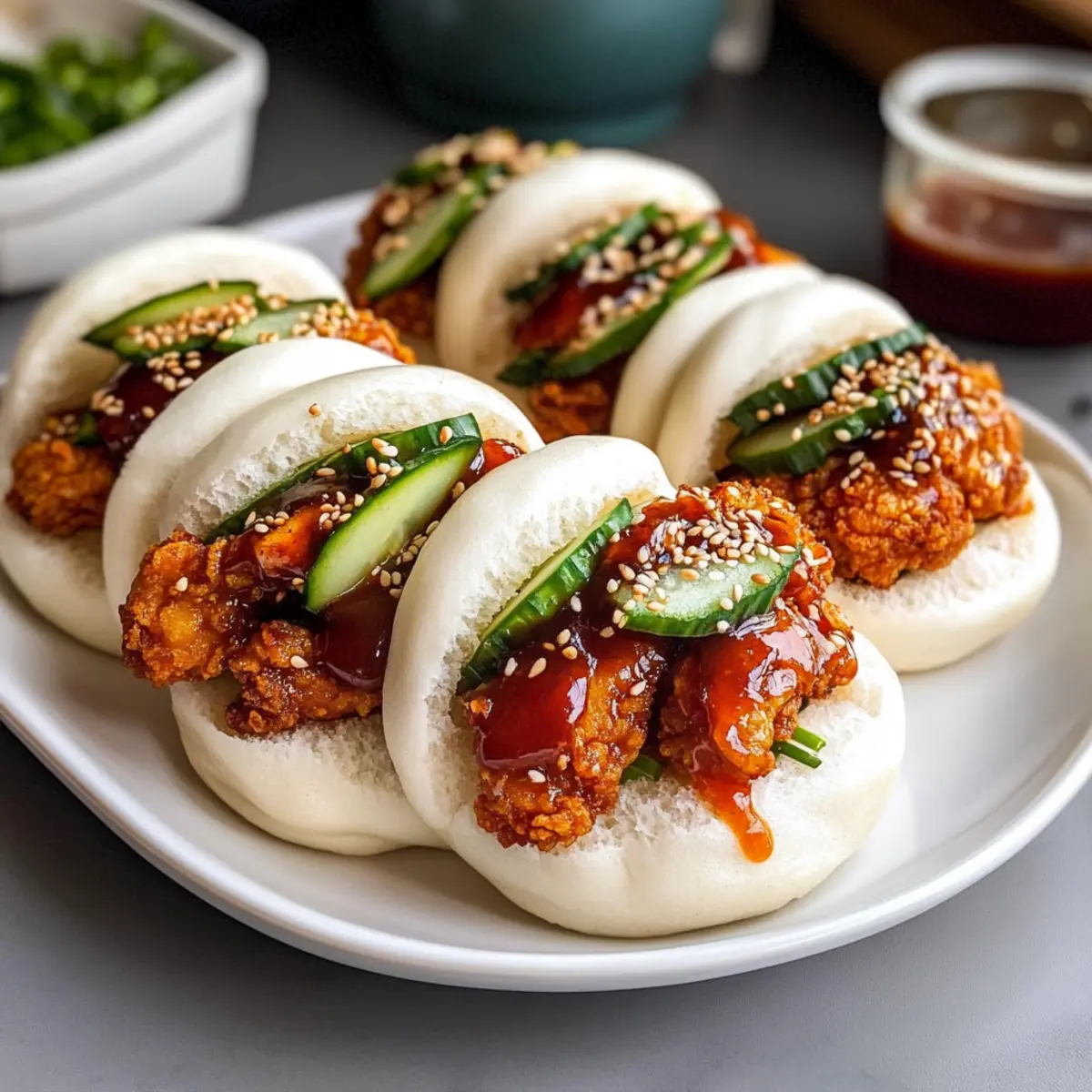 Koreanische frittierte Hähnchen-Bao-Brötchen genießen