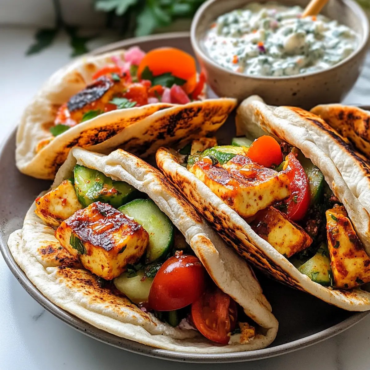 Mittelmeer Halloumi Pitas mit Honig-Harissa-Glasur