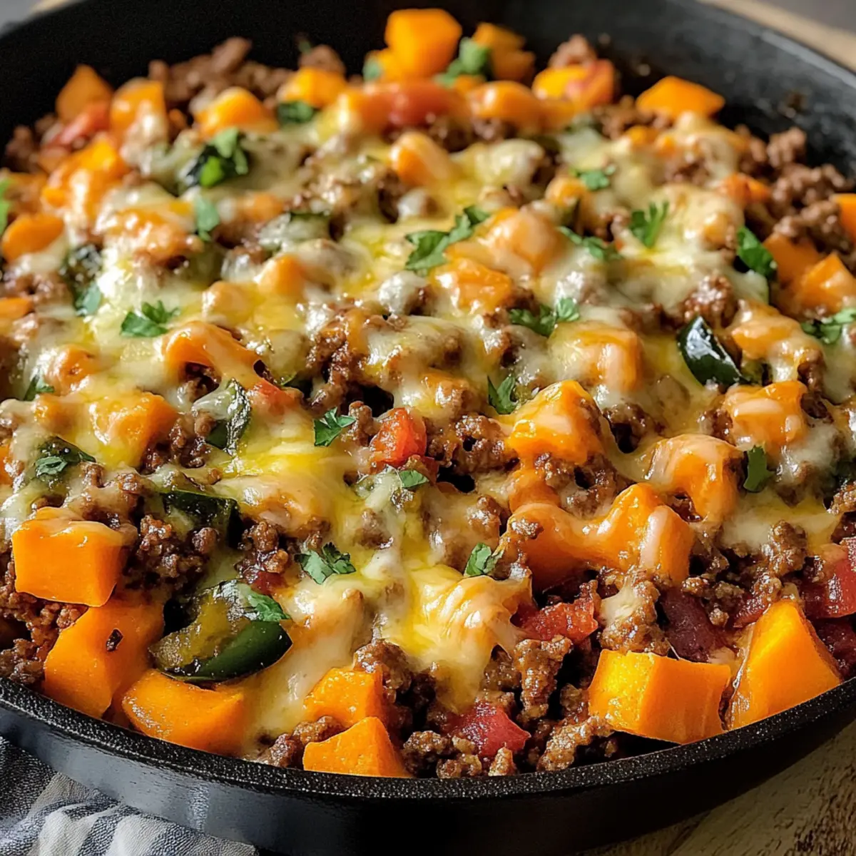 Käsige Tex-Mex Rinderhackfleisch & Süßkartoffel Pfanne
