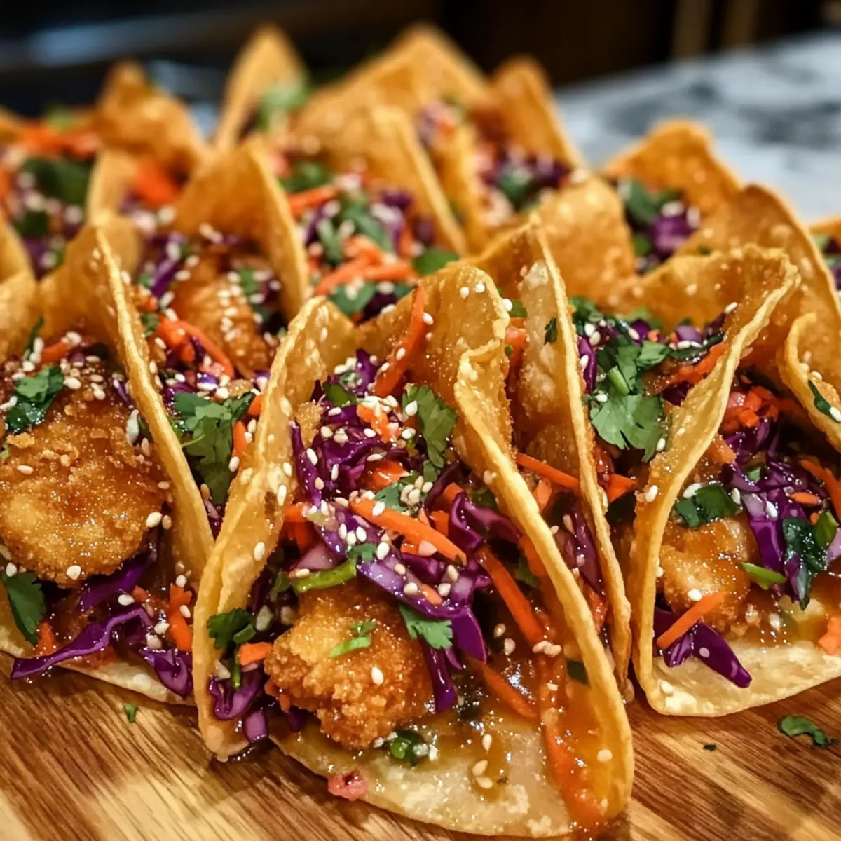 Crispy Chicken Wonton Tacos mit Asiatischem Slaw