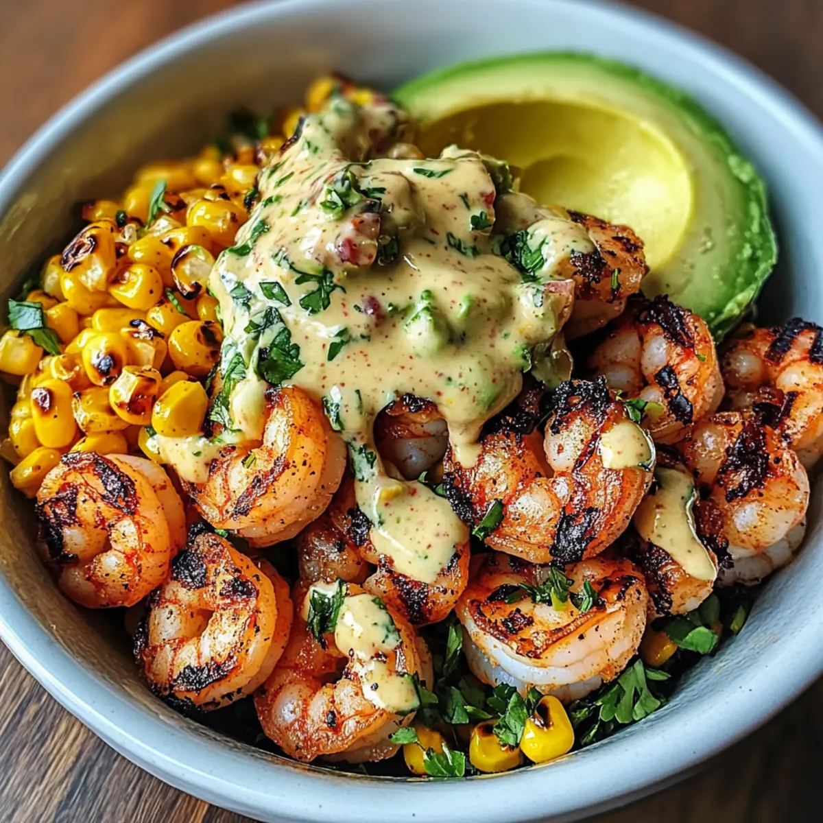 Gegrillte Garnelen-Bowl mit Avocado und Maissalsa
