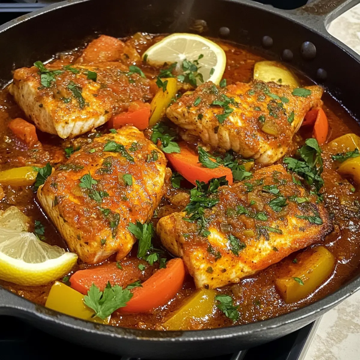 Scharfer marokkanischer Fisch in reichhaltiger Soße