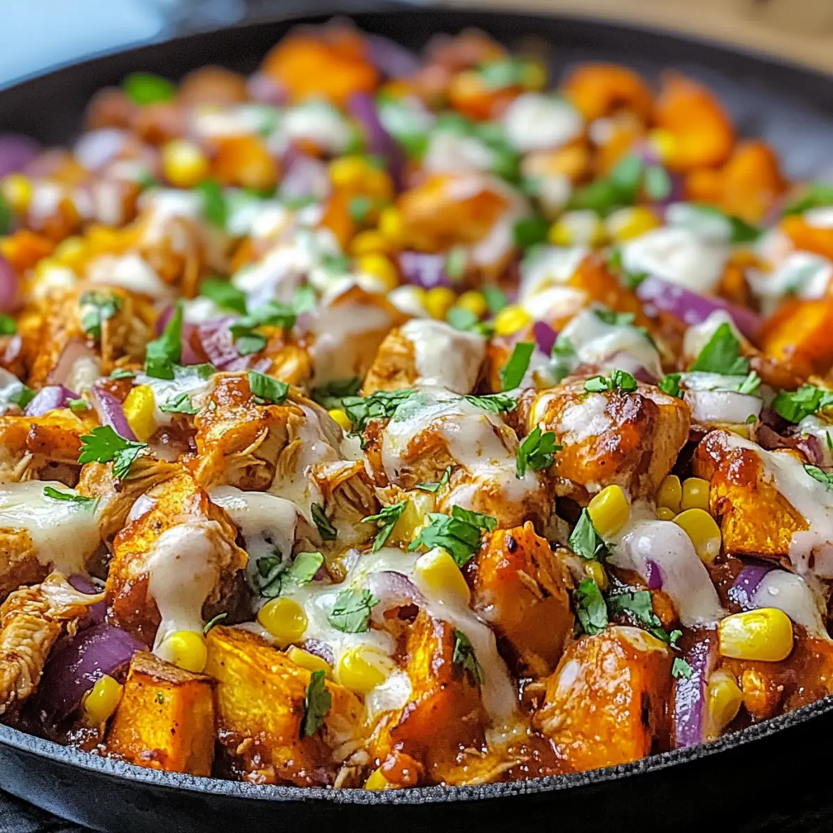 BBQ-Hühnchen Süßkartoffel Pfanne für Schnelle Abende