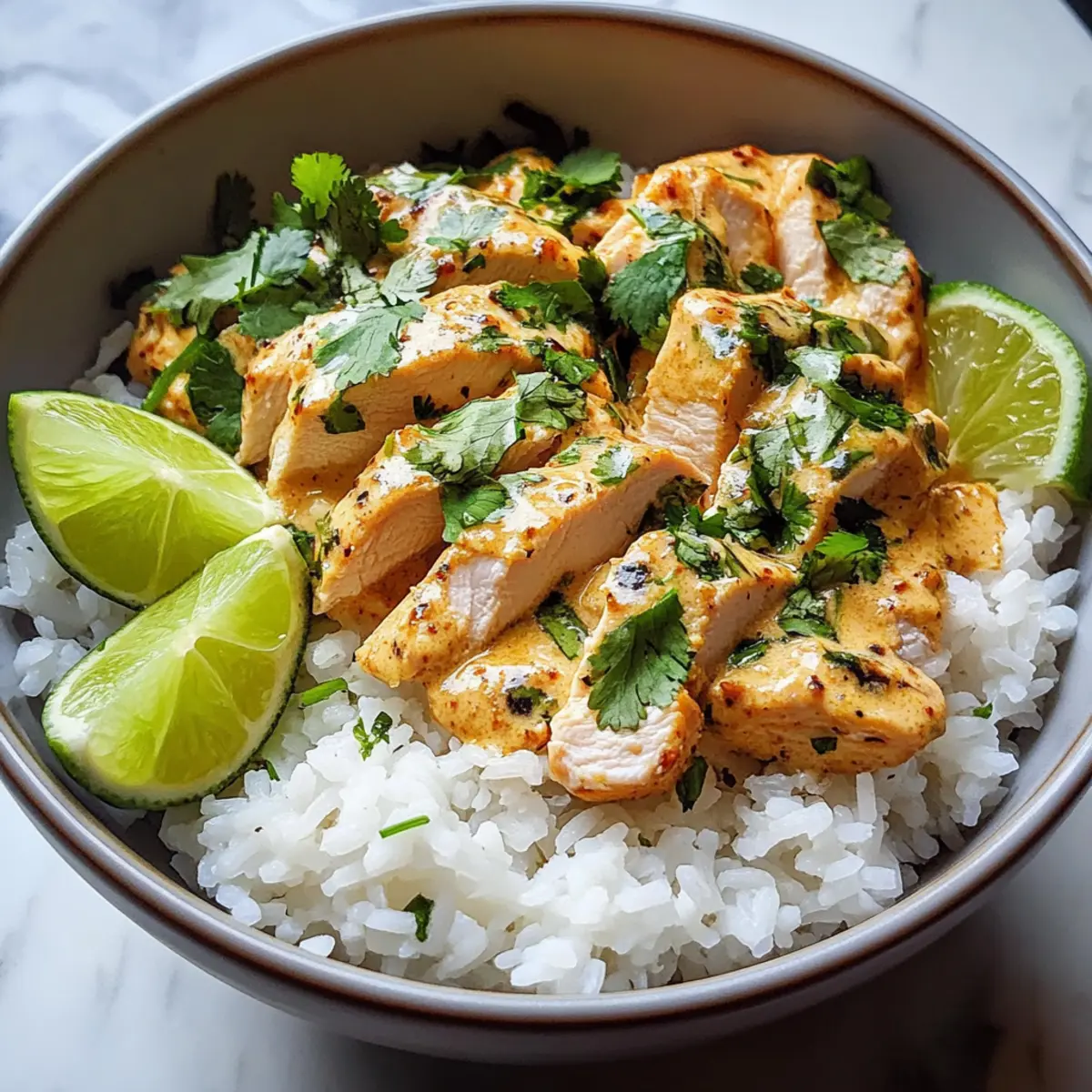 Cremige Kokosnuss-Hühnchen-Reis-Schüssel genießen