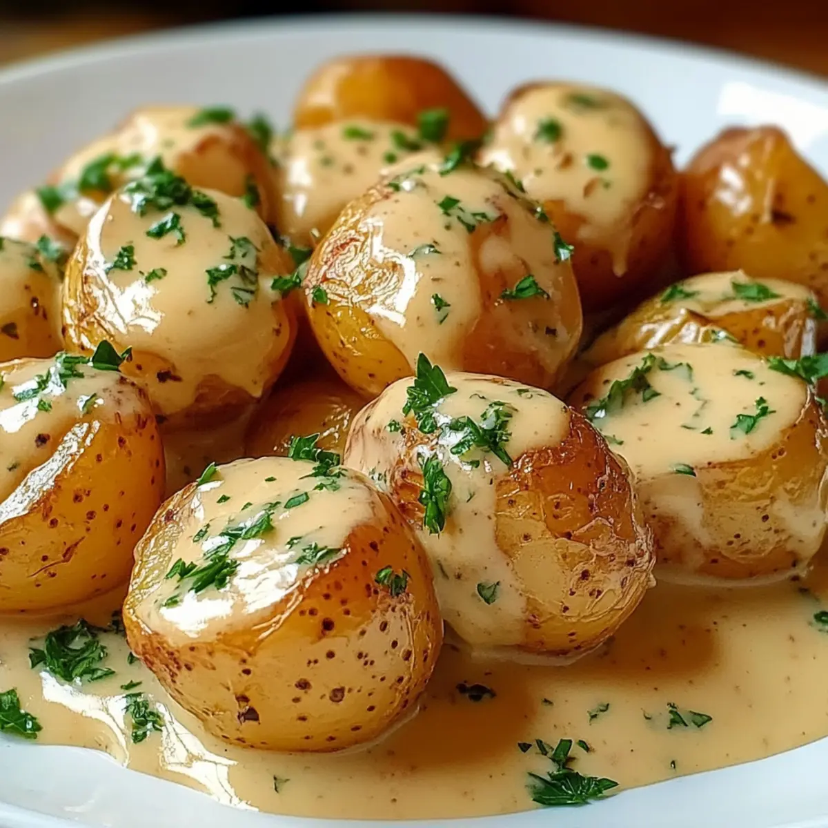 Cremige Knoblauchsoße Babykartoffeln für Zuhause