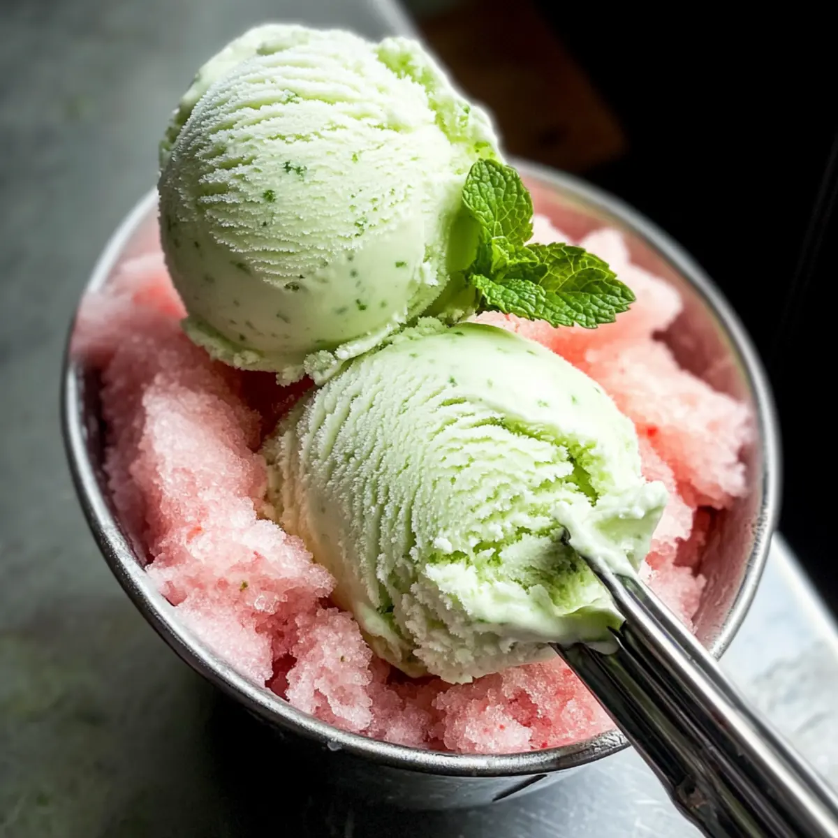 Frisches Minzeeis mit gesalzenem Wassermelonen-Granita