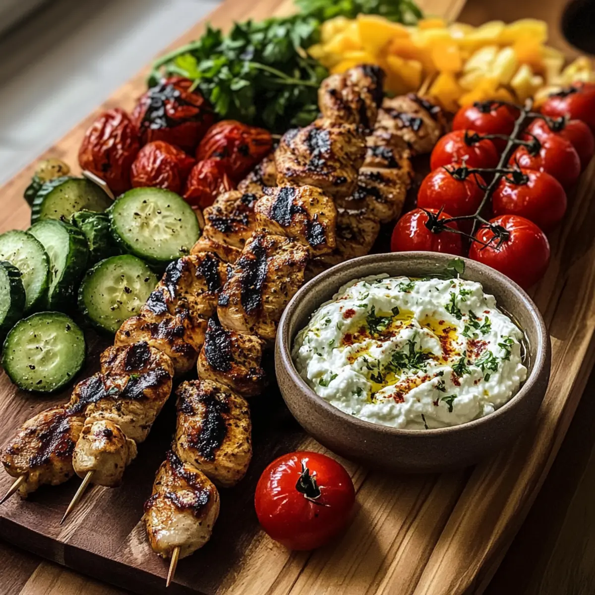 Griechische Hähnchen-Souvlaki-Scharrbrett mit Feta