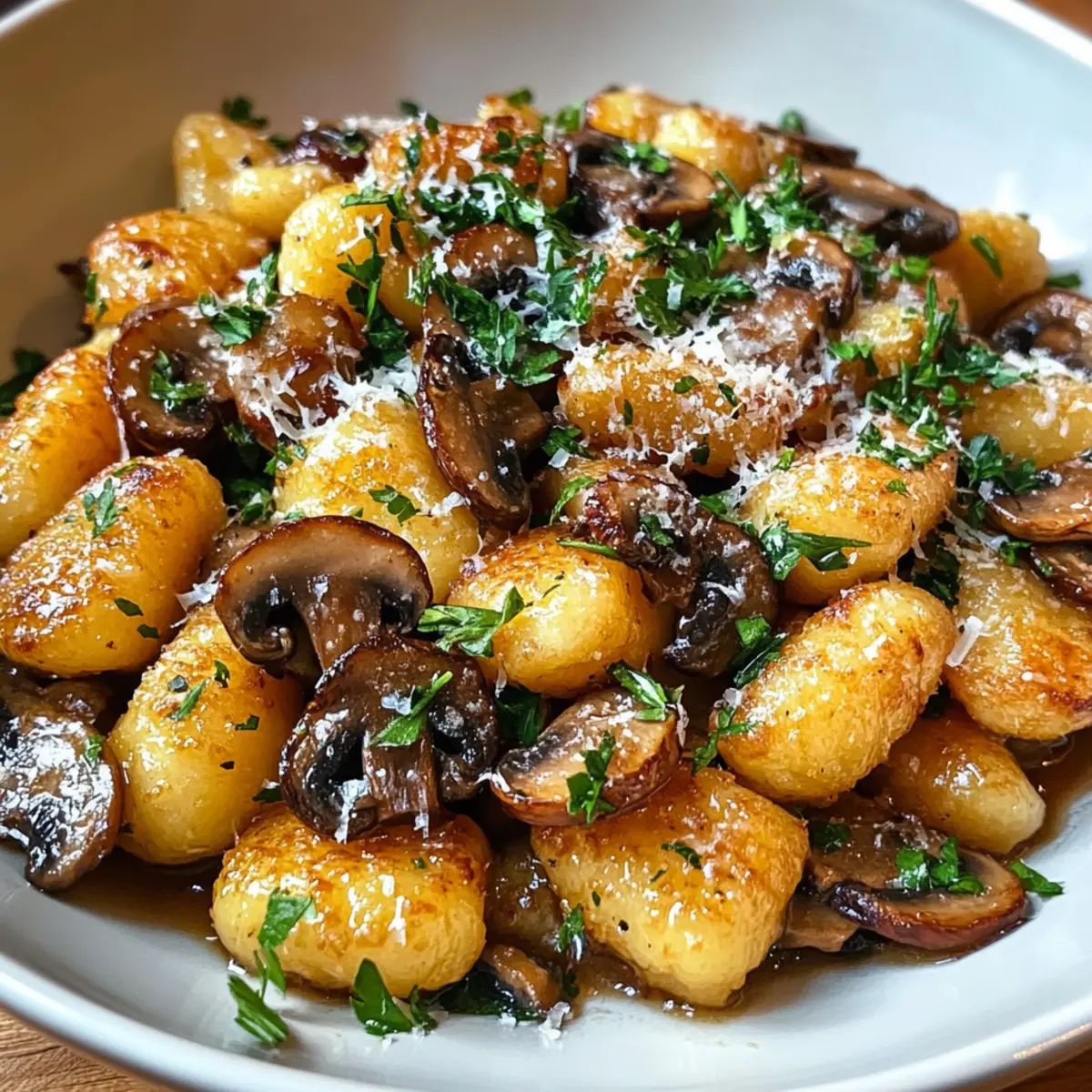 Pfannen-gebratene Gnocchi mit Knoblauchbutter-Pilzen